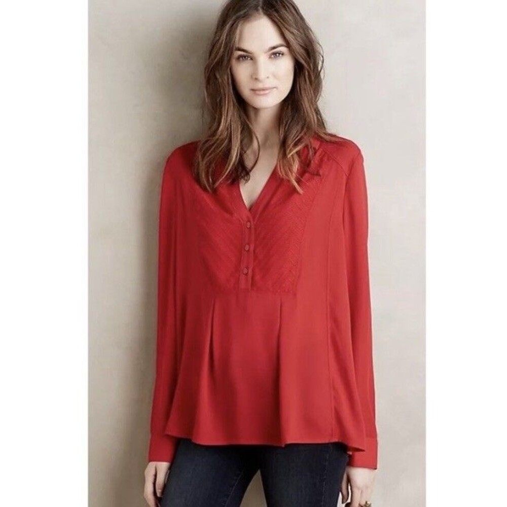 Anthropologie Maeve Red Popover Blouse Size 12 Sheer Top Career Holiday Party